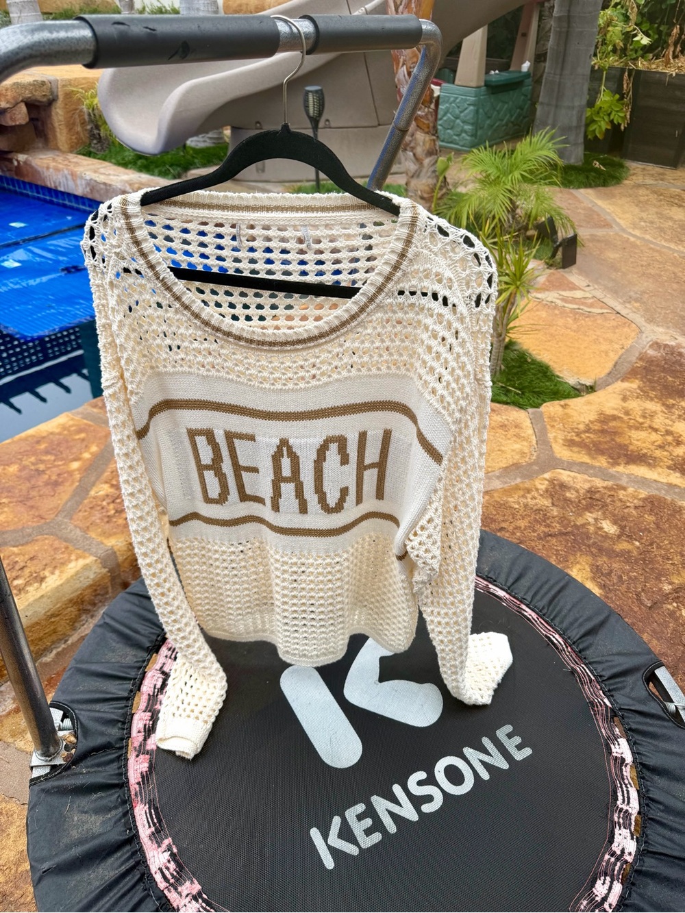 Vici Cream Open-Knit 'BEACH' Pullover with Tan Graphic